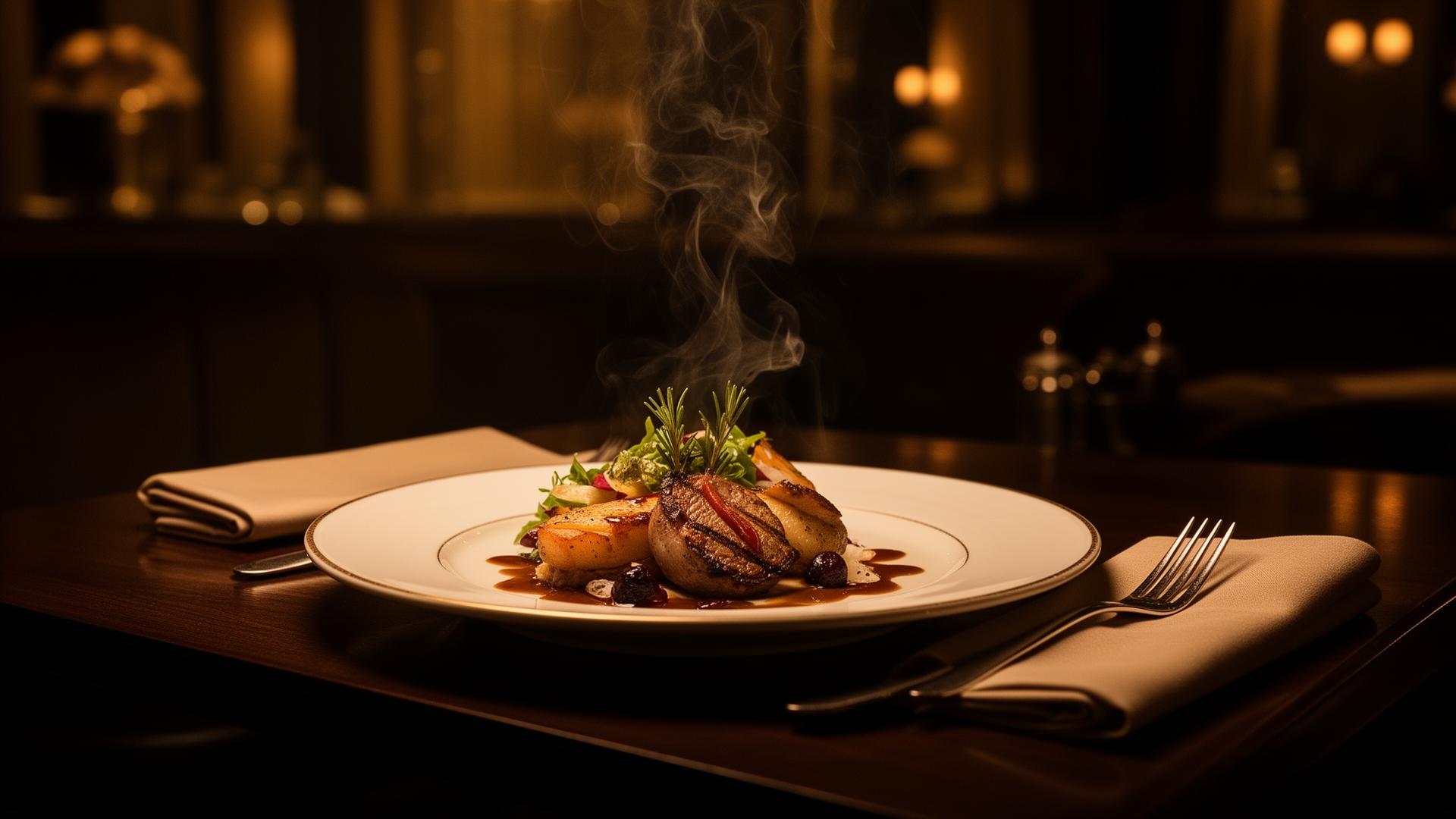 Cinematic plated dish in warm candlelight